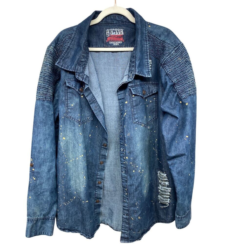 GS115 Moto Denim Mud Splatter Casual Distressed Men's Button Down XXL